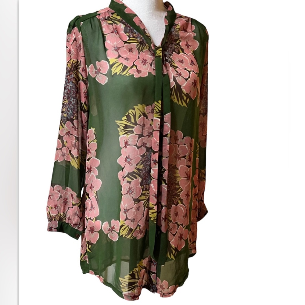 Mina UK Women’s 10 Top Button Up Blouse Floral Tie Neck Green Pink Long Sleeve